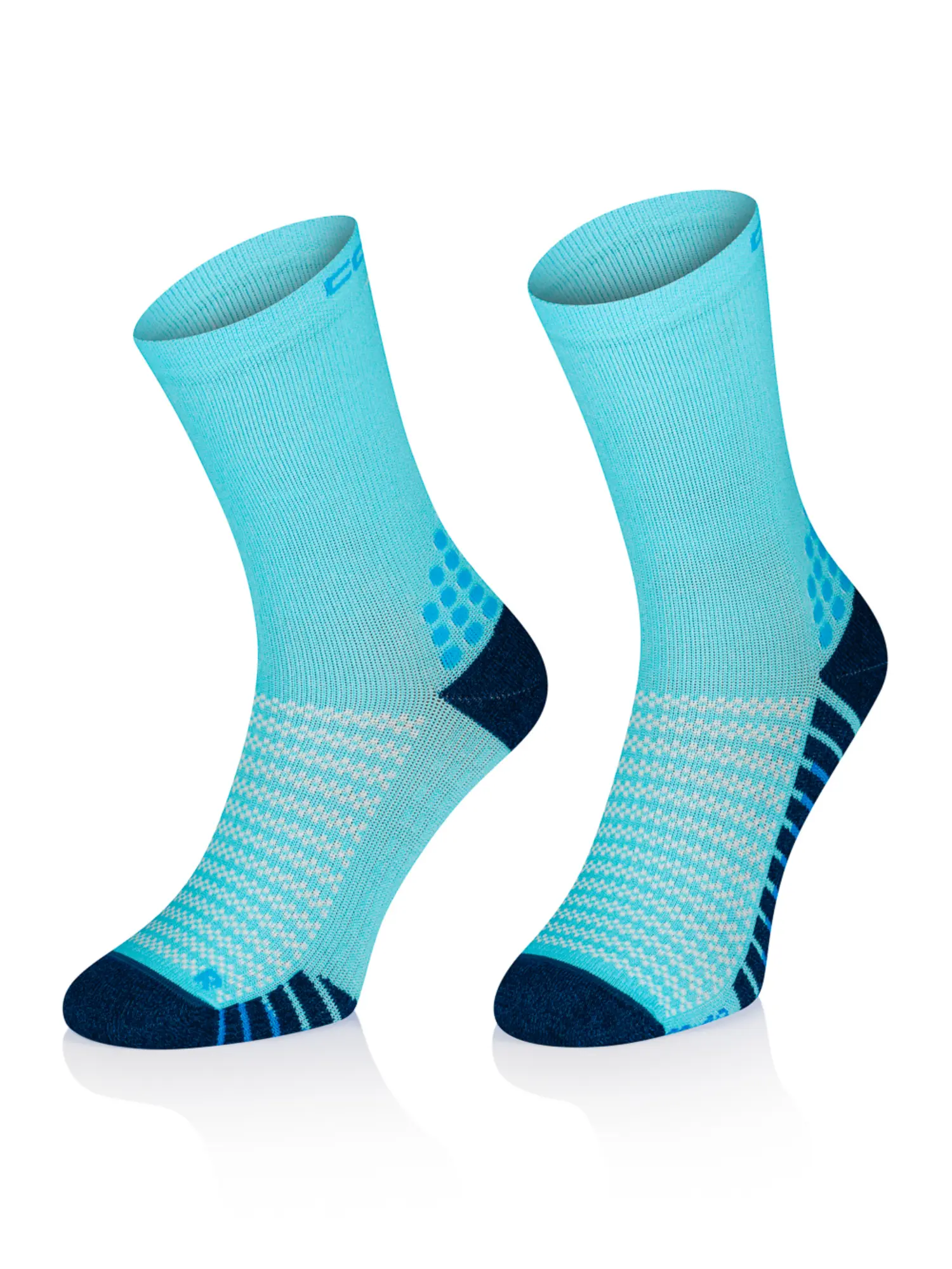 TRAIL RUNNING Polycolon terepfutó zokni – Türkiz 5 Két darab türkiz TRAIL RUNNING Polycolon terepfutó zokni, könnyű és tartós sportzokni Polycolon szálakkal, extra párnázással és anatómiai kialakítással hosszabb terepfutásokhoz.