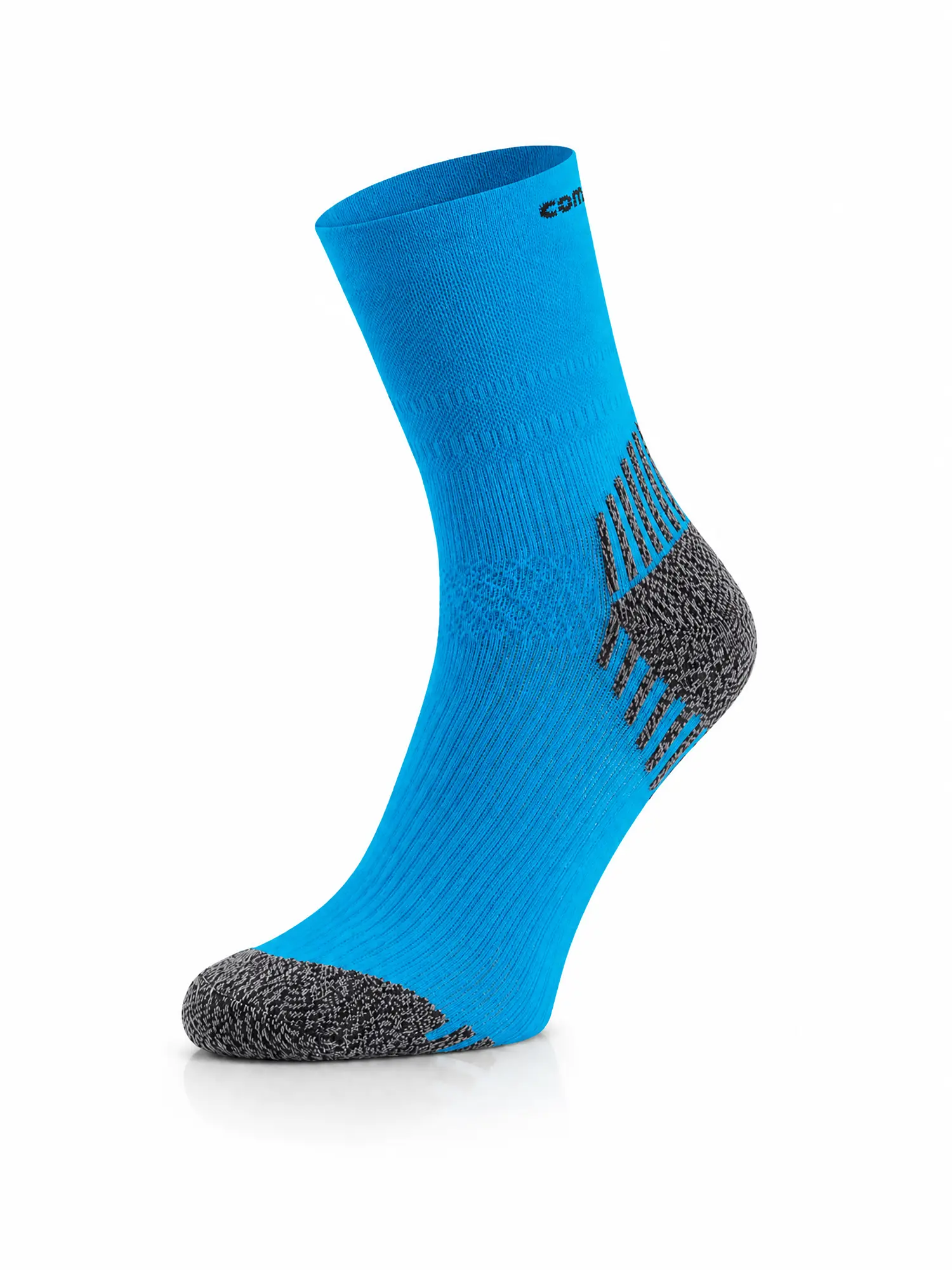 RUN COMPRESSION Kompressziós futózokni +ezüstion – Kék 4 COMODO RUN COMPRESSION kék kompressziós futózokni elölnézetből, rugalmas illeszkedéssel futáshoz