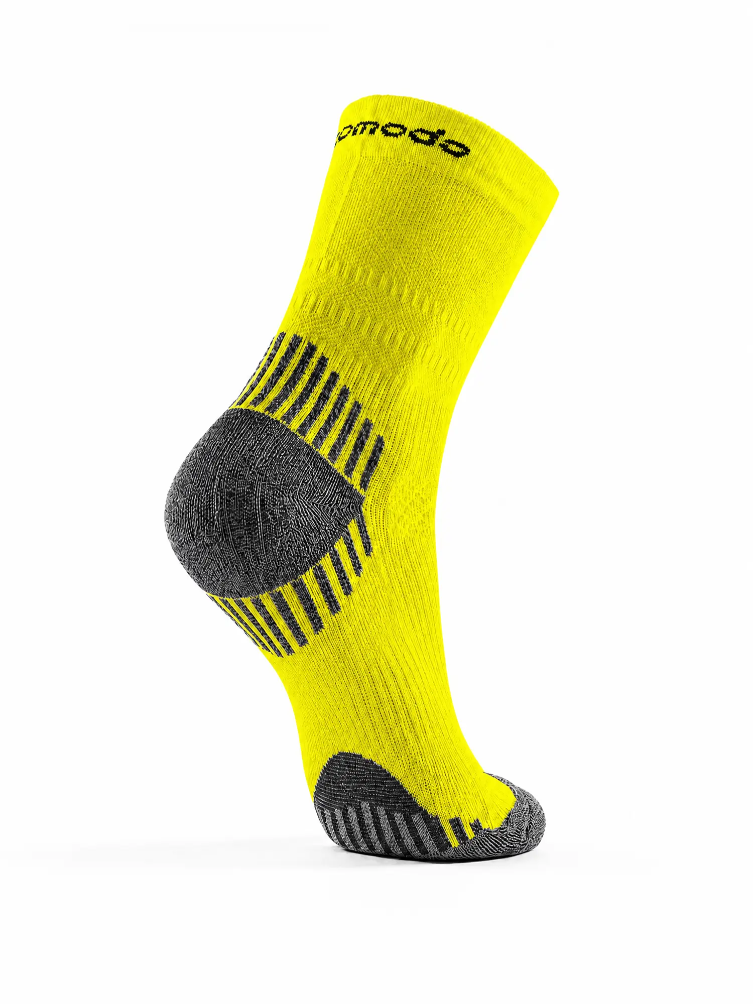 RUN COMPRESSION Kompressziós futózokni +ezüstion – Neonsárga 5 COMODO RUN COMPRESSION neonsárga ezüstionos sportzokni hátulnézetből, packshot ezüstionos szállal aktív mozgáshoz