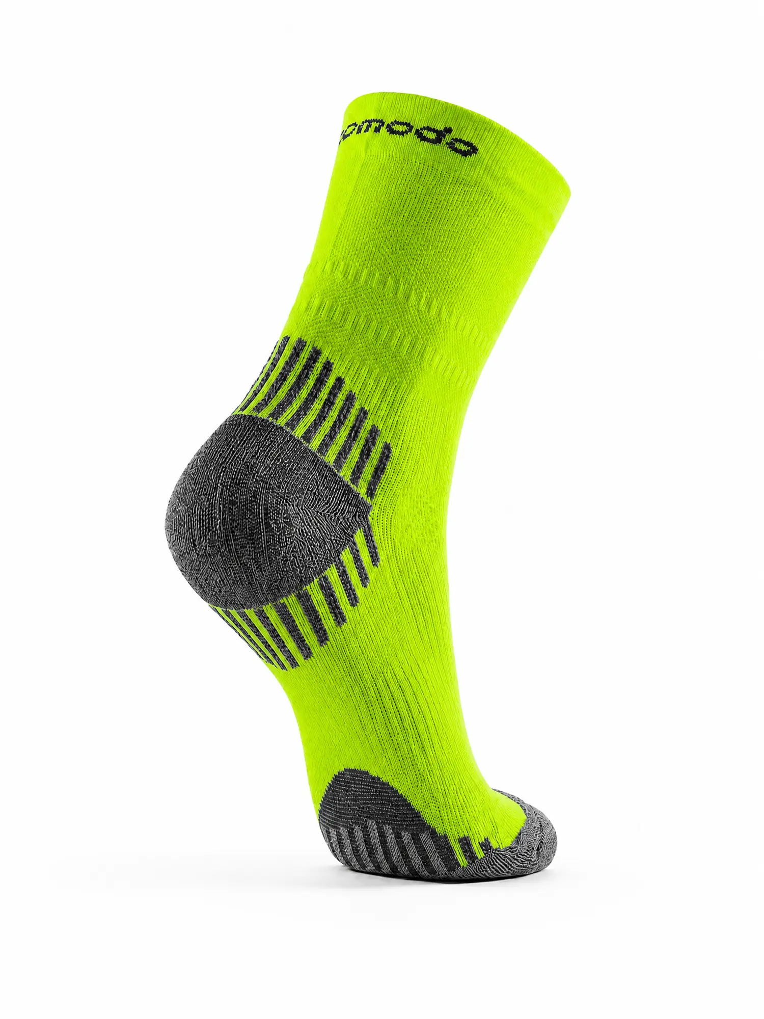 RUN COMPRESSION Kompressziós futózokni +ezüstion – Neonzöld 5 COMODO RUN COMPRESSION neonzöld kompressziós futózokni hátulnézetből, ezüstionos szállal