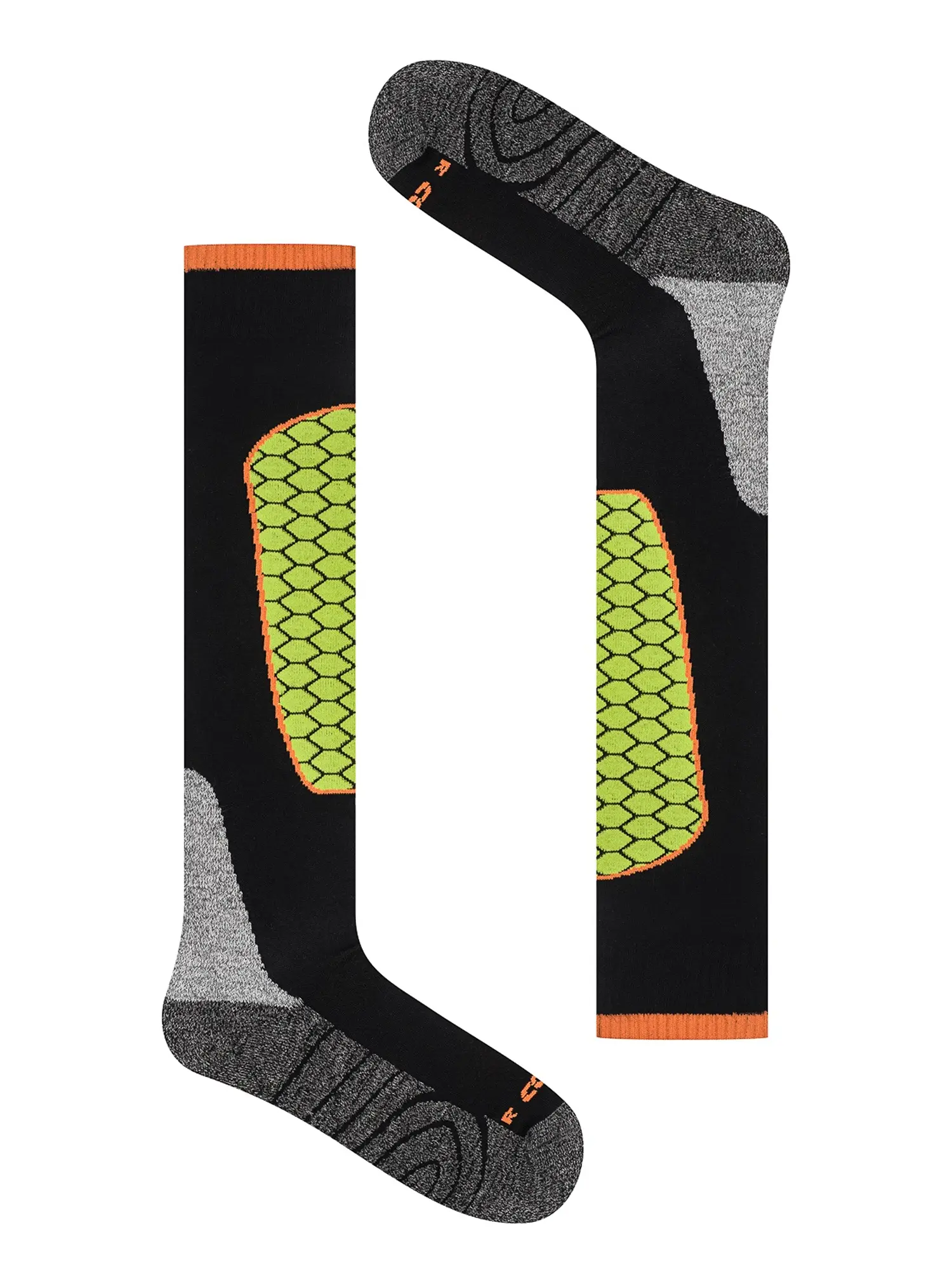 SKI MOUNTAIN Polycolon +Drytex sízokni – Fekete / Neonzöld 6 SKI MOUNTAIN sízokni felülnézetből, neonzöld részletekkel és párnázott zónákkal